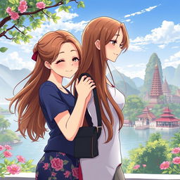 An anime-style illustration of two Thai women in love