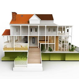 A 3D composition of a mixed colonial and modern habitat plan with interpenetration of forms and subtraction. Emphasize how the structures interact and blend, while showcasing areas where elements have been subtracted for effect.