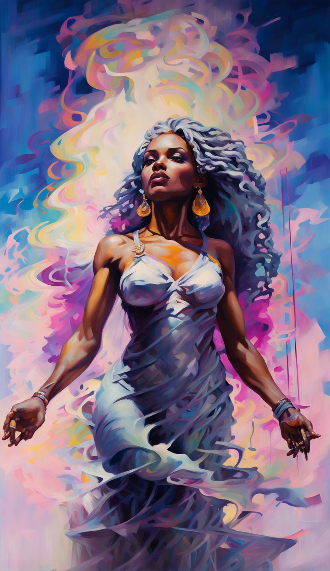 Fine art oil painting of an African American Aphrodite in white attire with golden accents, long grey dreadlocks blowing in the wind, green eyes and confident expression against a vivid iridescent abstract sky with clouds and thin smoke.