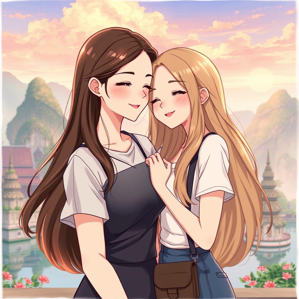 A realistic anime-style illustration of two Thai women in love