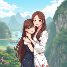 A realistic anime-style illustration of two Thai women in love