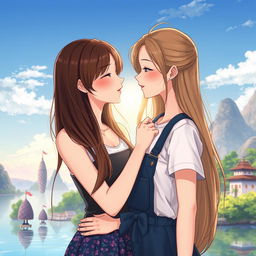 A realistic anime-style illustration of two Thai women in love