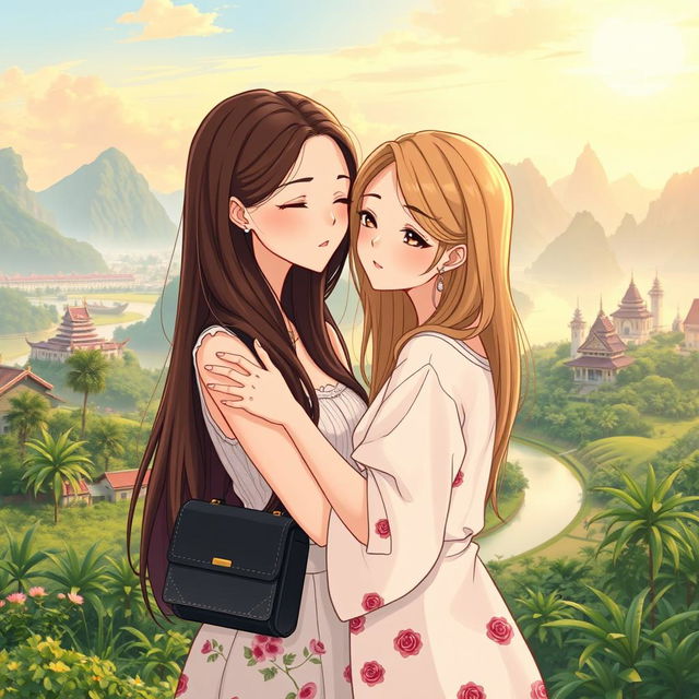 A realistic anime-style illustration of two Thai women in love