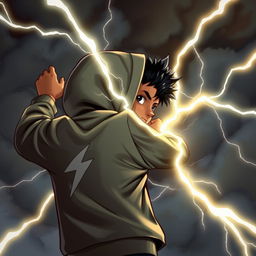 A dark-skinned boy wearing a hooded jacket with a lightning bolt on the back, fighting with lightning bolts in an intense and dynamic scene