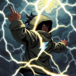 A dark-skinned boy wearing a hooded jacket with a lightning bolt on the back, fighting with lightning bolts in an intense and dynamic scene