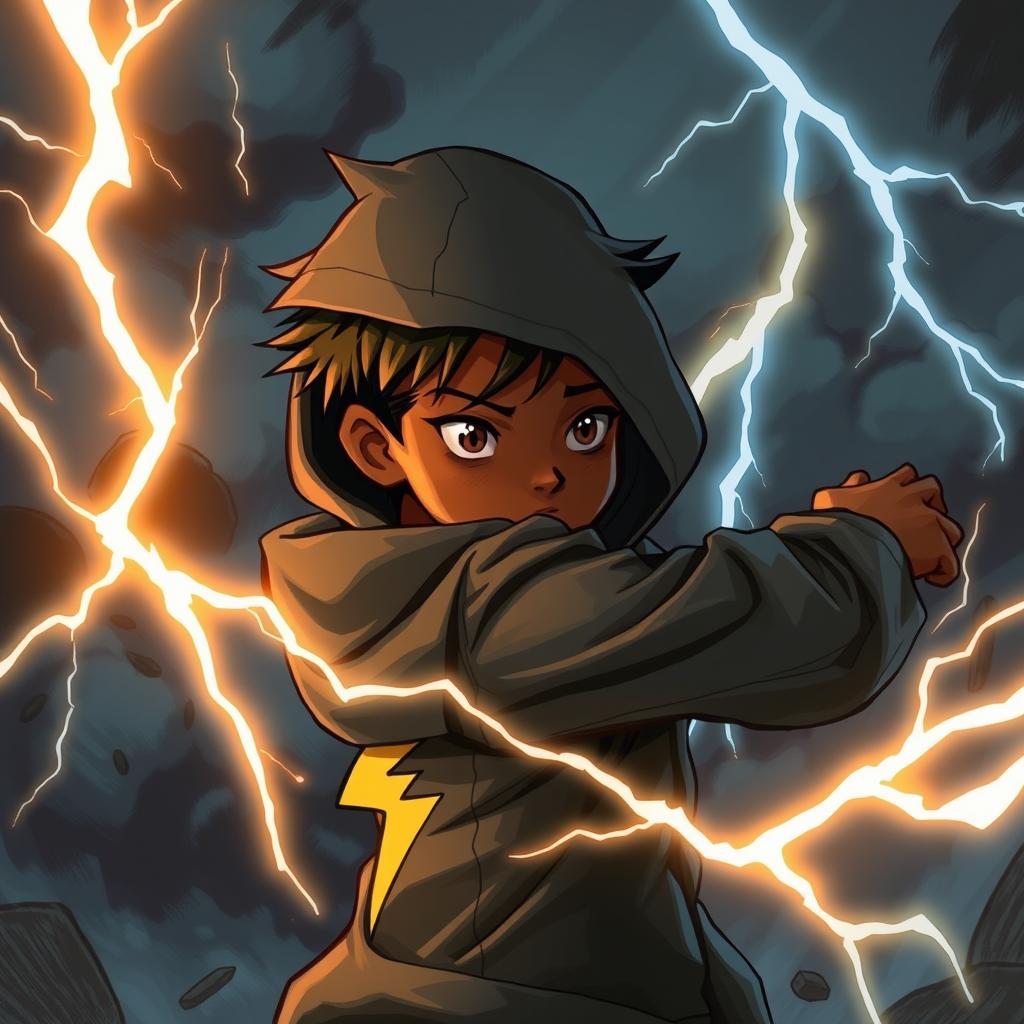 A dark-skinned boy wearing a hooded jacket with a lightning bolt on the back, fighting with lightning bolts in an intense and dynamic scene