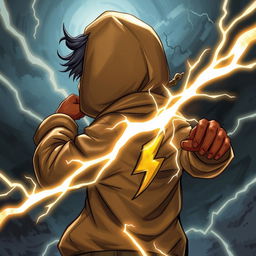 A dark-skinned boy wearing a hooded jacket with a lightning bolt on the back, fighting with lightning bolts in an intense and dynamic scene