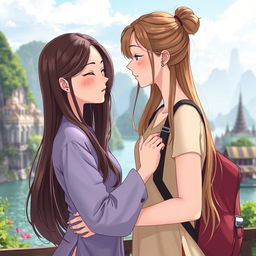 A realistic anime-style illustration of two Thai women in love