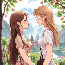 A realistic anime-style illustration of two Thai women in love