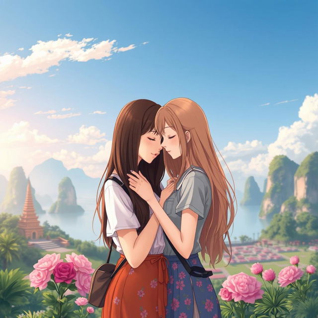 A realistic anime-style illustration of two Thai women in love