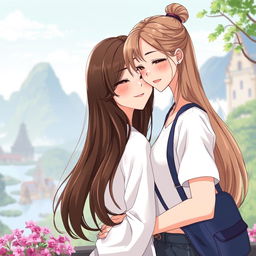 A realistic anime-style illustration of two Thai women in love