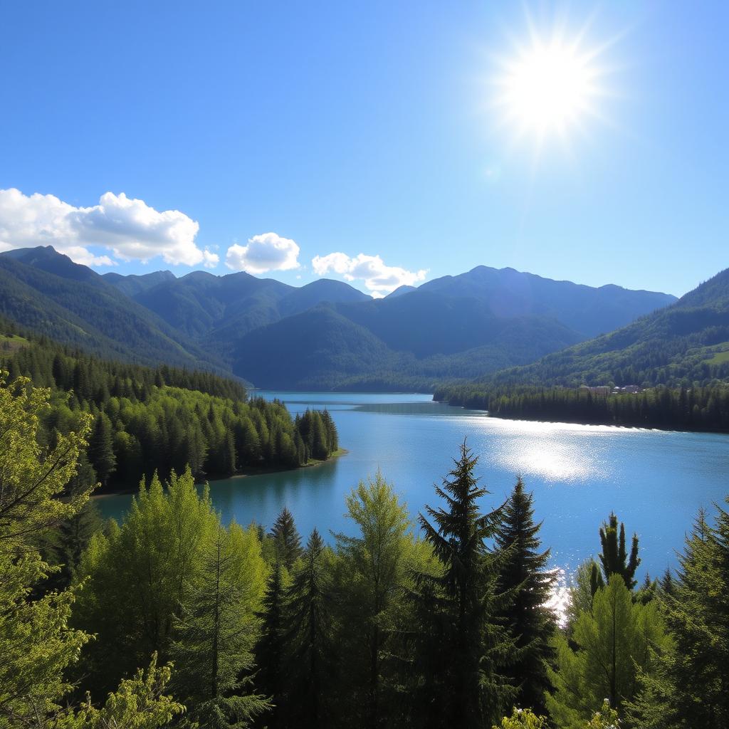 A beautiful landscape featuring a serene lake surrounded by lush green trees and mountains in the background