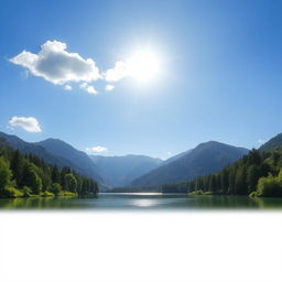 A beautiful landscape featuring a serene lake surrounded by lush green trees and mountains in the background