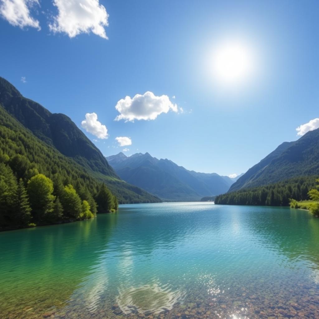 A beautiful landscape featuring a serene lake surrounded by lush green trees and mountains in the background