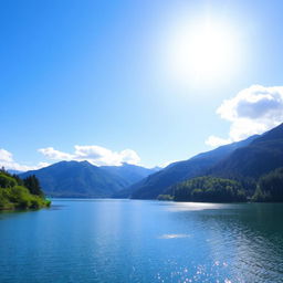 A beautiful landscape featuring a serene lake surrounded by lush green trees and mountains in the background