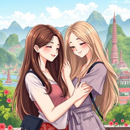 A more realistic anime-style illustration for a book cover featuring two Thai women in love