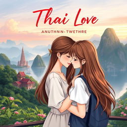 A more realistic anime-style illustration for a book cover featuring two Thai women in love