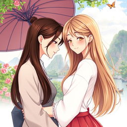 A more realistic anime-style illustration for a book cover featuring two Thai women in love