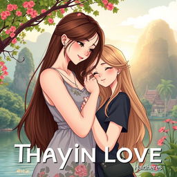 A more realistic anime-style illustration for a book cover featuring two Thai women in love