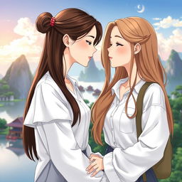 A more realistic anime-style illustration for a book cover featuring two Thai women in love