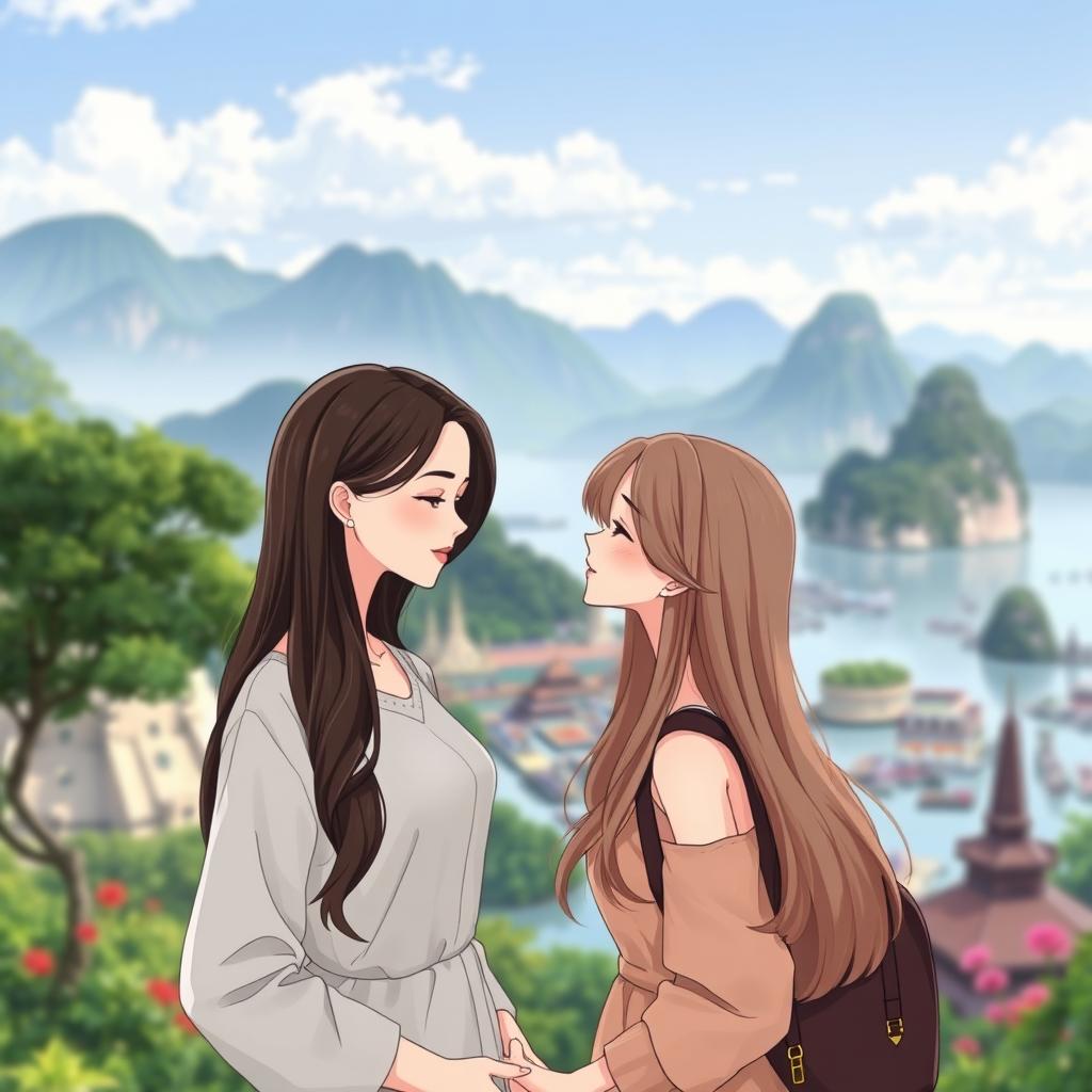 A more realistic anime-style illustration for a book cover featuring two Thai women in love