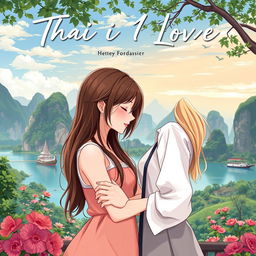 A more realistic anime-style illustration for a book cover featuring two Thai women in love