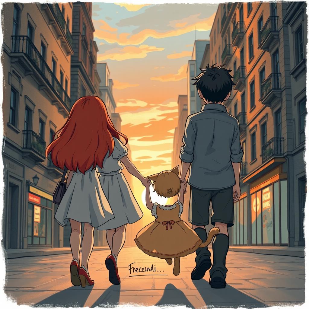 A red-haired girl and a French boy hold the hands of a swinging little girl, accompanied by a cat, as they walk through a city