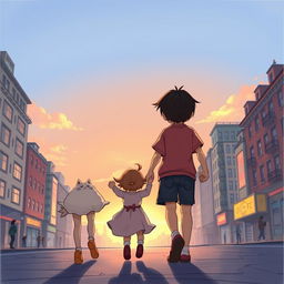 A red-haired girl and a French boy hold the hands of a swinging little girl, accompanied by a cat, as they walk through a city