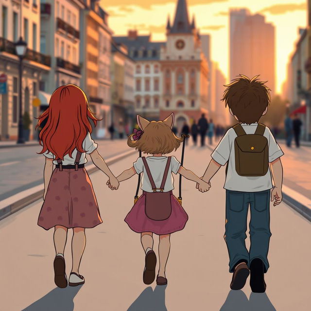 A red-haired girl and a French boy hold the hands of a swinging little girl, accompanied by a cat, as they walk through a city