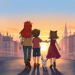 A red-haired girl and a French boy hold the hands of a swinging little girl, accompanied by a cat, as they walk through a city