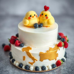 A two-floor vegan white cheesecake with two little yellow, very cute mastic chickens on top, smiling with smiles shaped like the letter 'c'