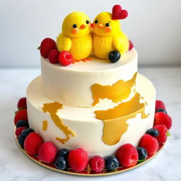 A two-floor vegan white cheesecake with two little yellow, very cute mastic chickens on top, smiling with smiles shaped like the letter 'c'