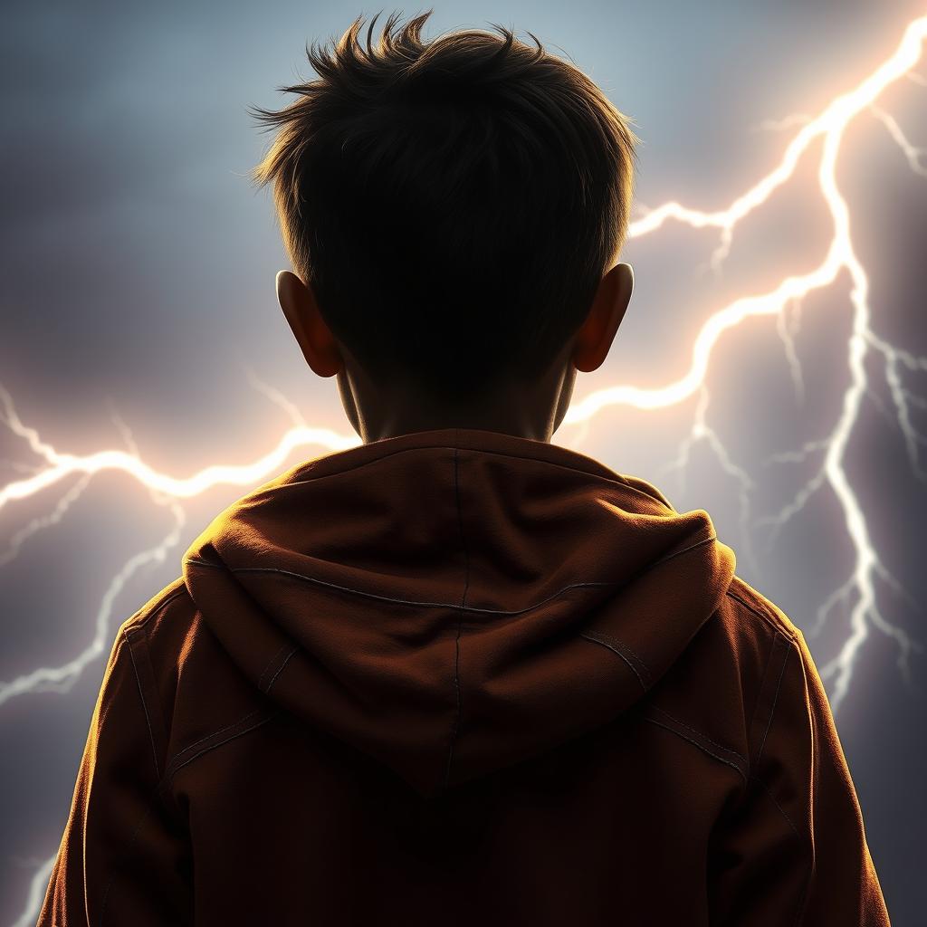 A dark-skinned boy wearing a hooded jacket, seen from behind, with lightning striking behind him