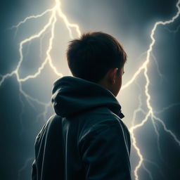 A dark-skinned boy wearing a hooded jacket, seen from behind, with lightning striking behind him