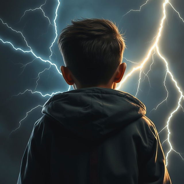 A dark-skinned boy wearing a hooded jacket, seen from behind, with lightning striking behind him