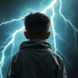 A dark-skinned boy wearing a hooded jacket, seen from behind, with lightning striking behind him