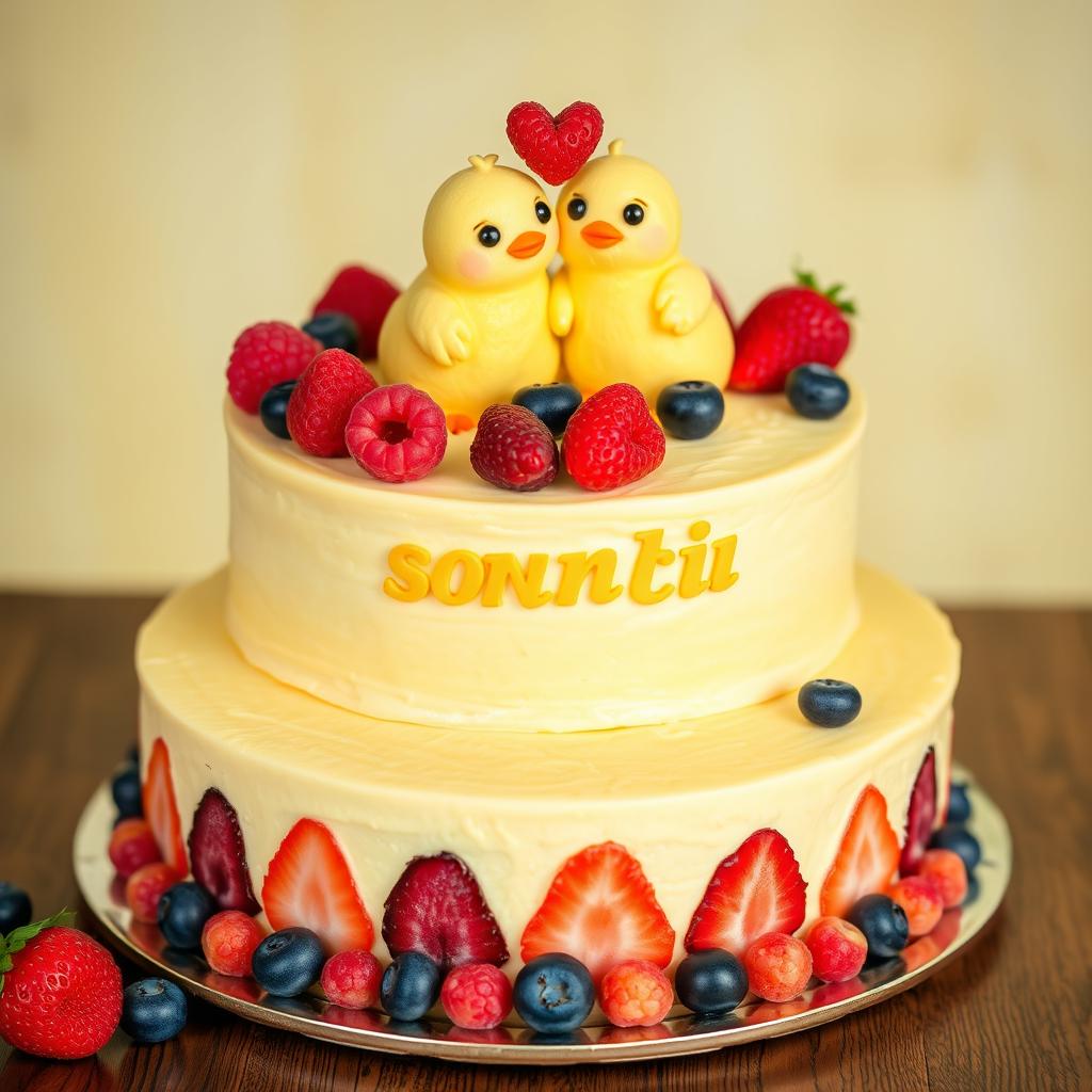 A two-floor vegan yellow cheesecake with two little yellow, very cute mastic chickens on top, smiling with smiles shaped like the letter 'c'