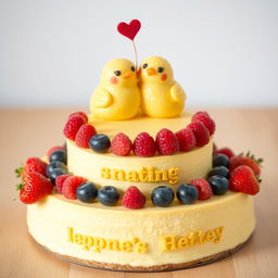 A two-floor vegan yellow cheesecake with two little yellow, very cute mastic chickens on top, smiling with smiles shaped like the letter 'c'