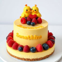 A two-floor vegan yellow cheesecake with two little yellow, very cute mastic chickens on top, smiling with smiles shaped like the letter 'c'