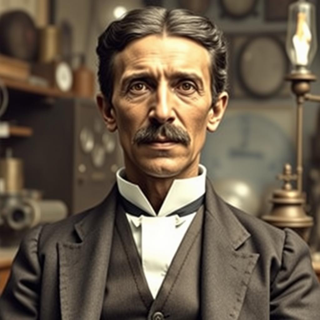 A biopic image of Nikola Tesla portrayed by a black actor, set in the late 19th century