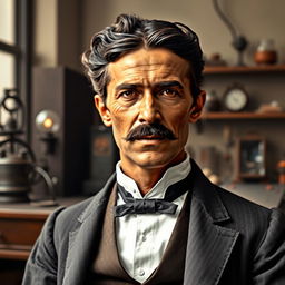 A biopic image of Nikola Tesla portrayed by a black actor, set in the late 19th century