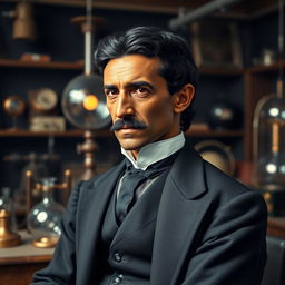 A biopic image of Nikola Tesla portrayed by a black actor, set in the late 19th century