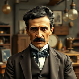 A biopic image of Nikola Tesla portrayed by a black actor, set in the late 19th century