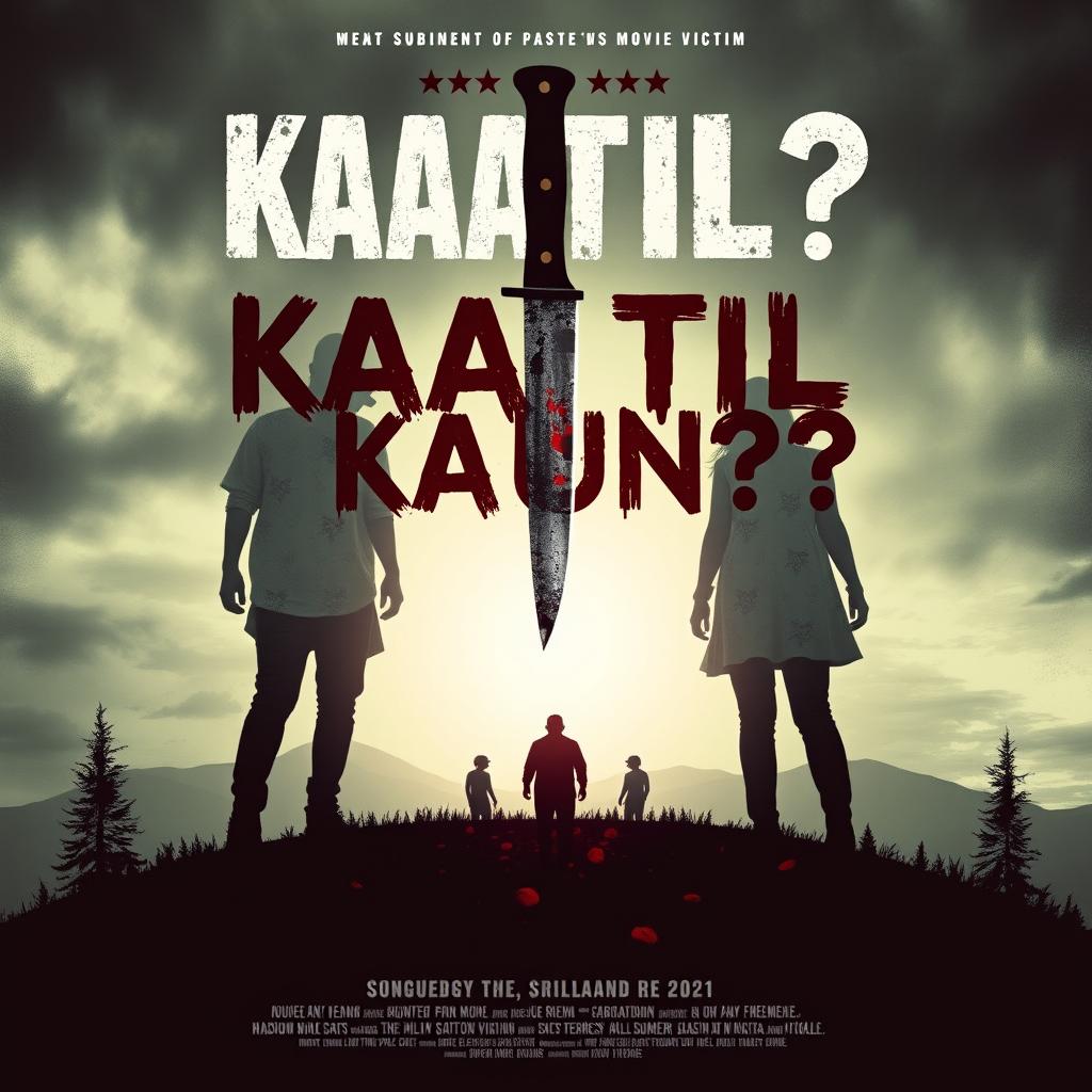 Design a gruesome, eerie, and scary movie poster for the thriller film titled 'Kaatil Kaun?!'