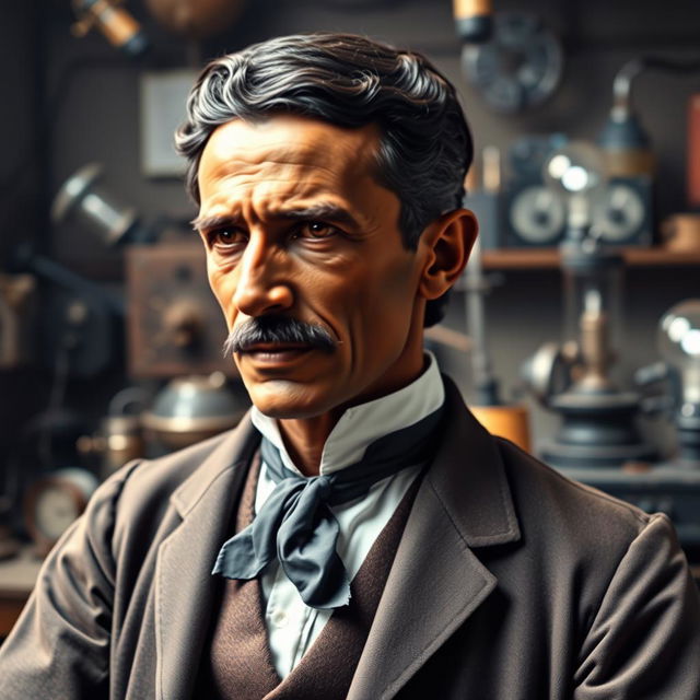 A biopic image of Nikola Tesla portrayed by an African actor with distinctly African features, set in the late 19th century