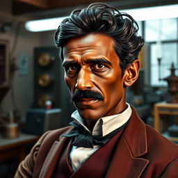 A biopic image of Nikola Tesla portrayed by an African actor with distinctly African features, set in the late 19th century