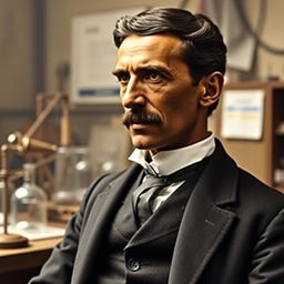 A biopic image of Nikola Tesla portrayed by an African actor with distinctly African features, set in the late 19th century