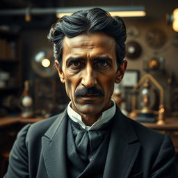 A biopic image of Nikola Tesla portrayed by an African actor with distinctly African features, set in the late 19th century