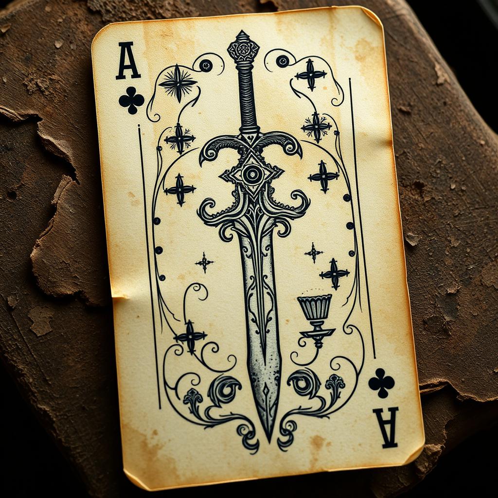 A playing card featuring a magical sword design, illustrated on old, weathered paper