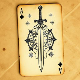 A playing card featuring a magical sword design, illustrated on old, weathered paper